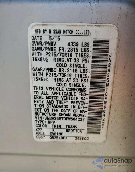 2015 Nissan Rogue Select S из США, поврежденный, VIN JN8AS5MT0FW664227